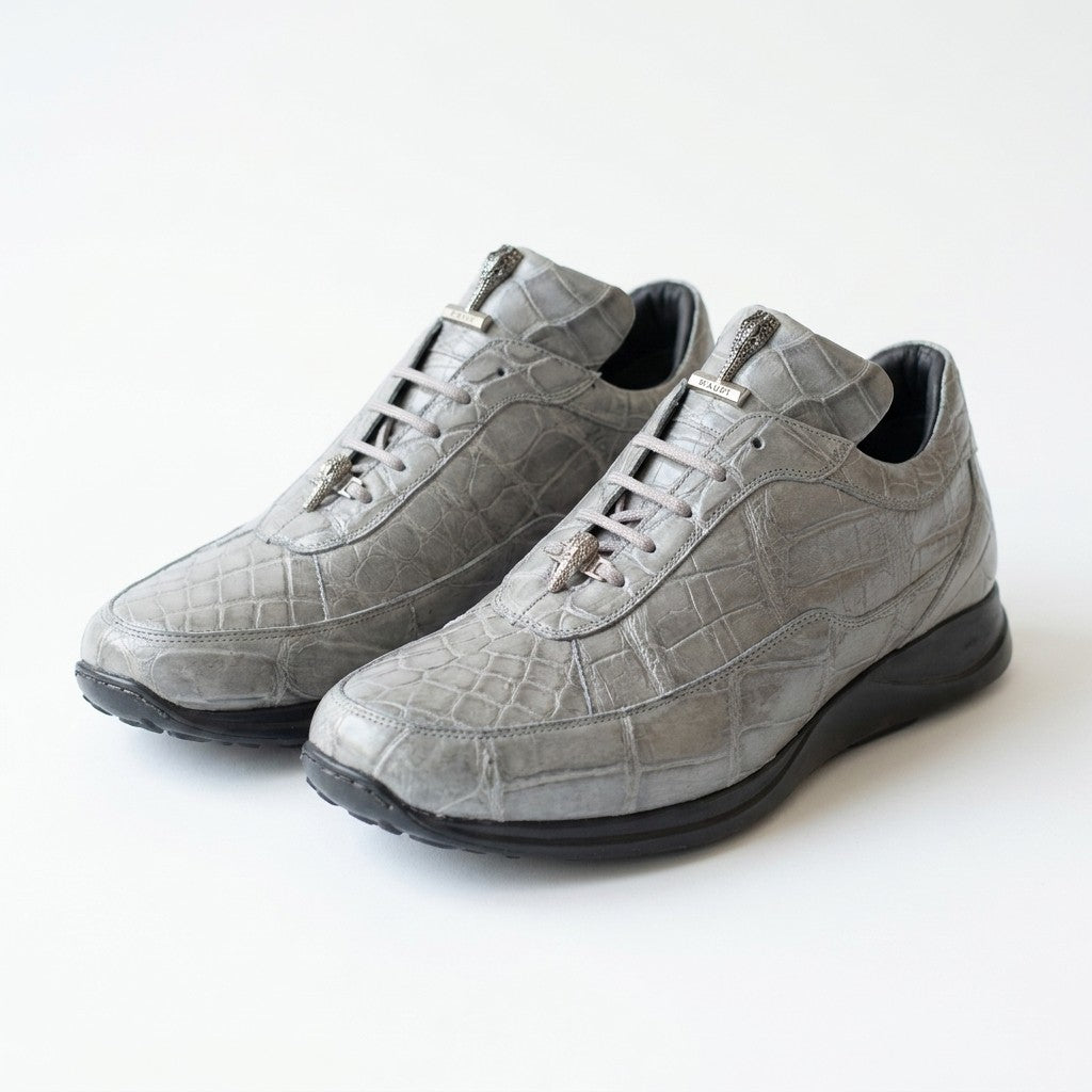Light grey Mauri 8900 Alligator sneakers with textured alligator pattern and white rubber soles, stylish and comfortable for casual wear.