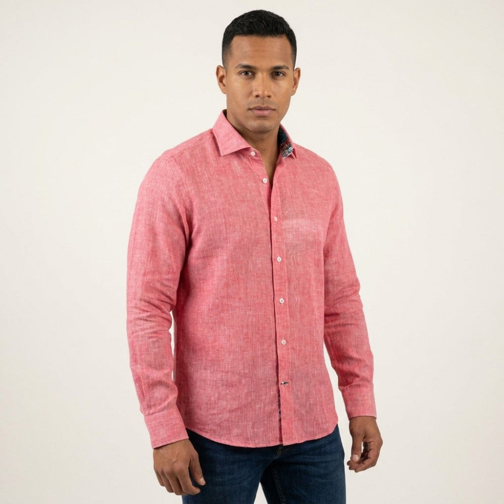 Red Andrea Bossi linen button-up long-sleeve shirt with a classic collar and sleek design, perfect for casual or office wear.