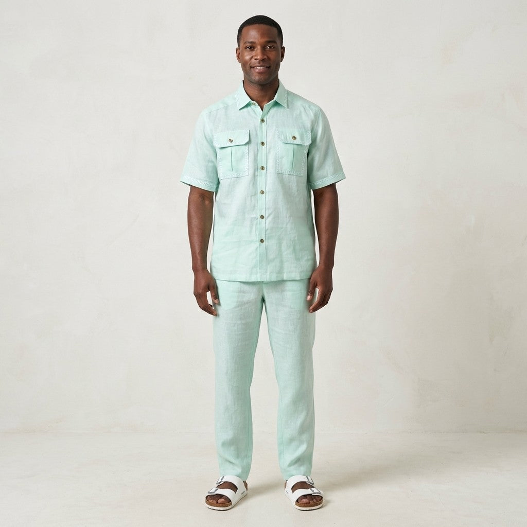 Mint Prestige Linen Set LUX-630 clothing displayed on a hanger, showcasing soft linen fabric and stylish design.
