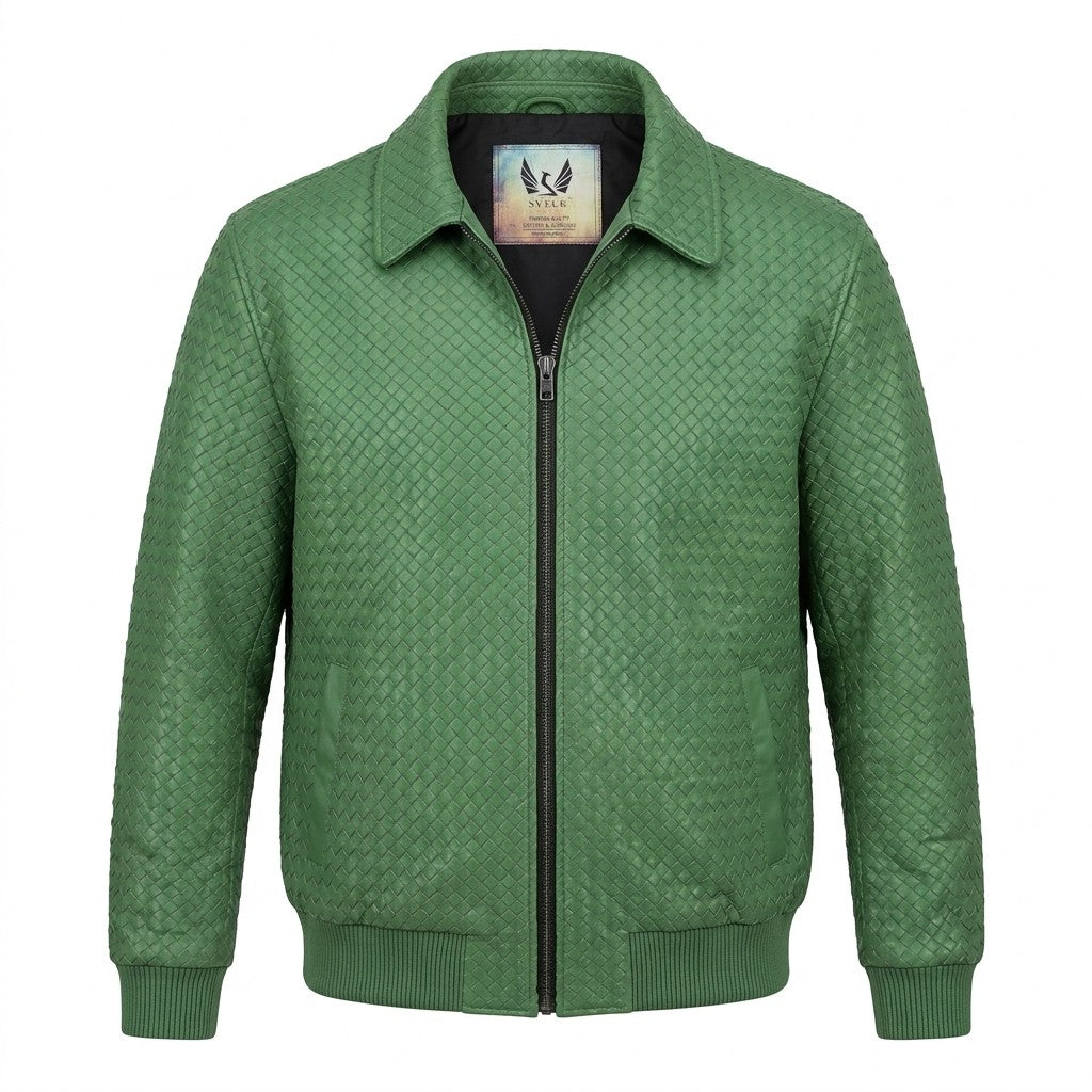 Men’s SVELG Premium Woven 100% Lambskin Leather Shirt Style Collar Bomber Jacket