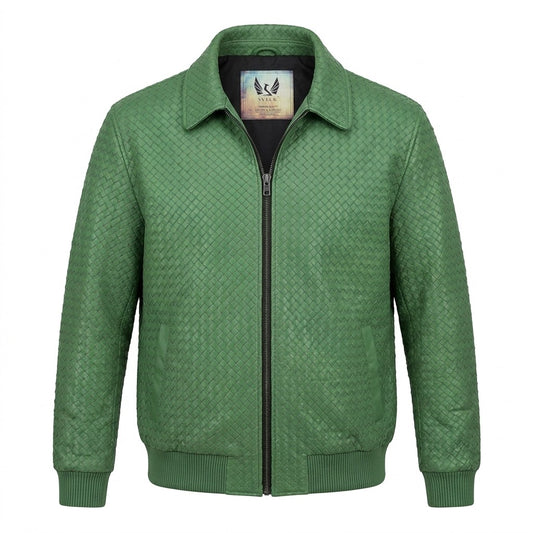 Men’s SVELG Premium Woven 100% Lambskin Leather Shirt Style Collar Bomber Jacket