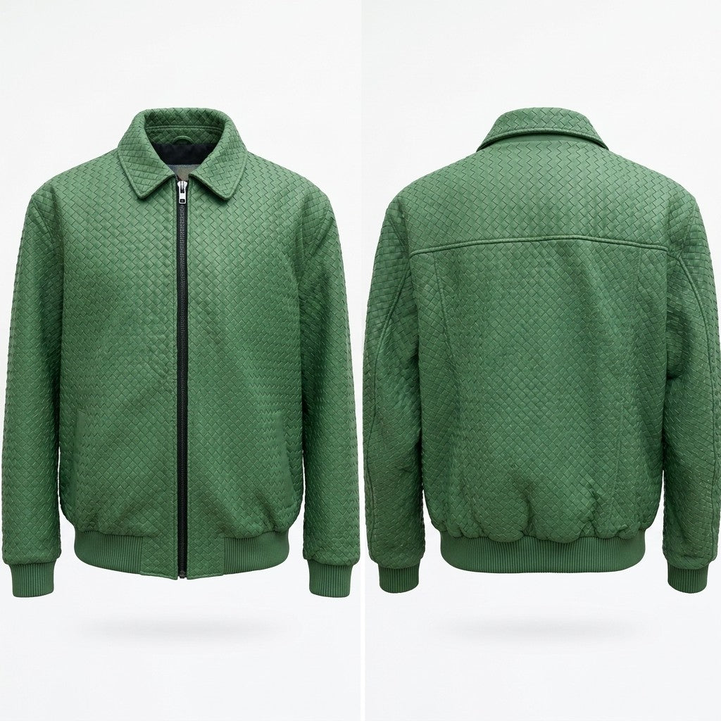 Men’s SVELG Premium Woven 100% Lambskin Leather Shirt Style Collar Bomber Jacket