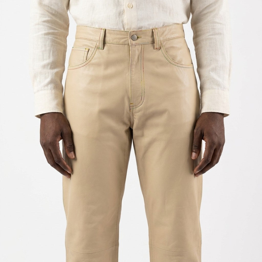 Missani 100% leather pants, last pair, showing close-up of sleek black leather with stitching details and fitted style.