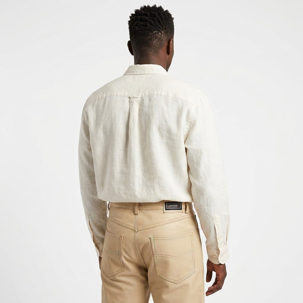 Missani 100% leather pants, last pair, shown in black, close-up of sleek, fitted design, front view highlighting quality material.
