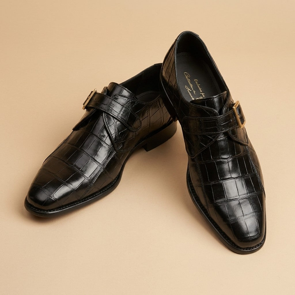 Calzoleria Toscana Crocodile Caiman Flanks Monk Strap Shoes - Preorder