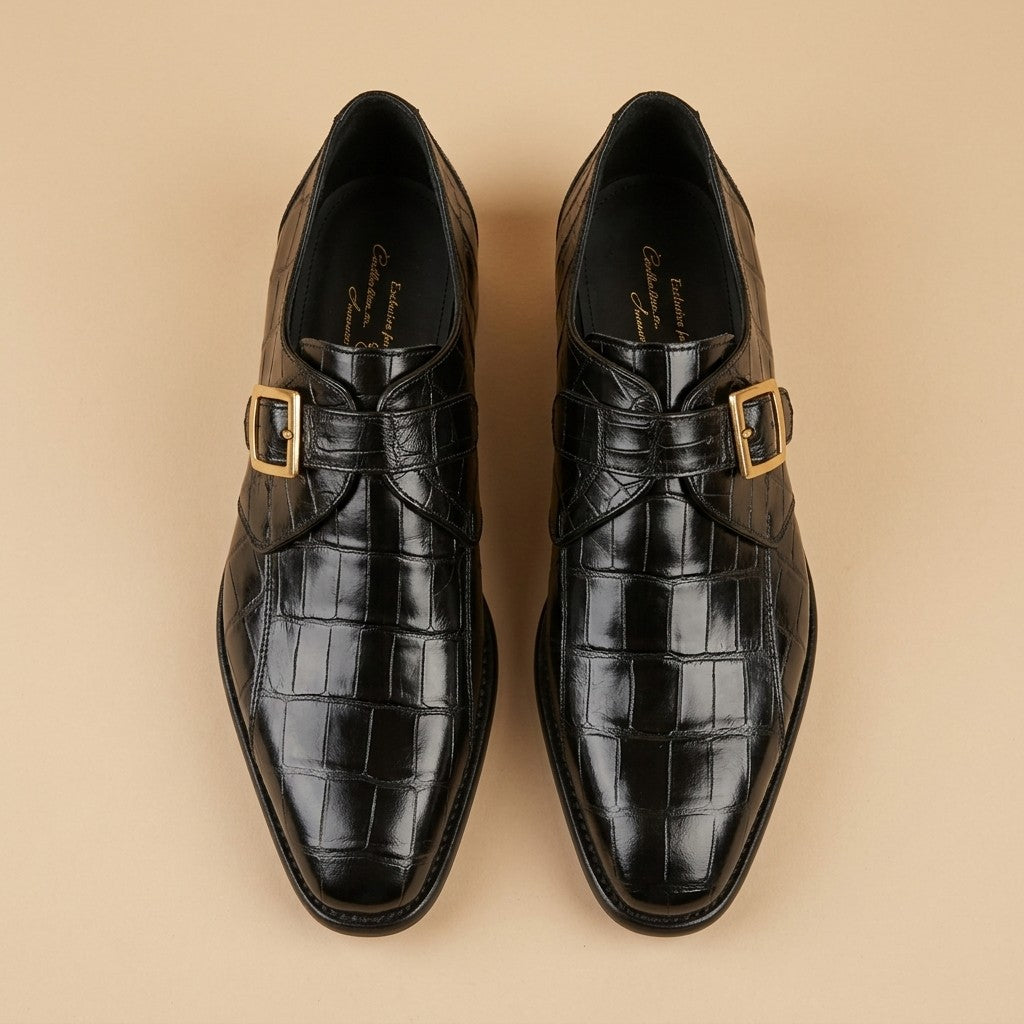 Calzoleria Toscana Crocodile Caiman Flanks Monk Strap Shoes - Preorder