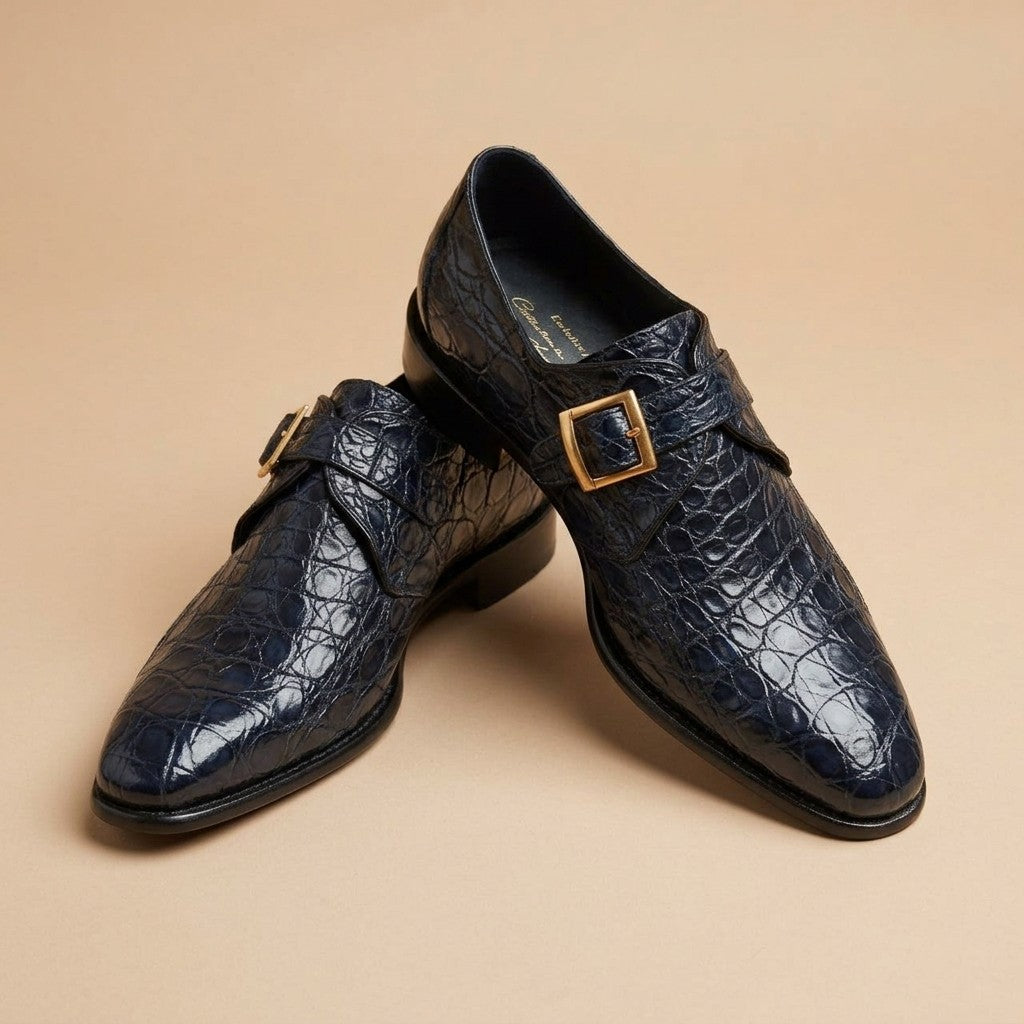 Calzoleria Toscana Crocodile Caiman Flanks Monk Strap Shoes - Preorder