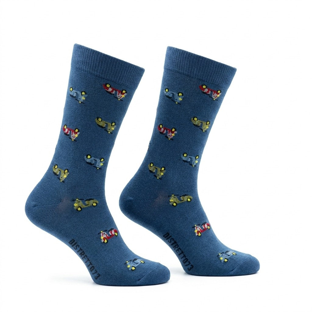 Blue men's Scooter socks by Cellini Uomo featuring cotton material and a stylish design, perfect for casual and motorcycle-inspired outfits.