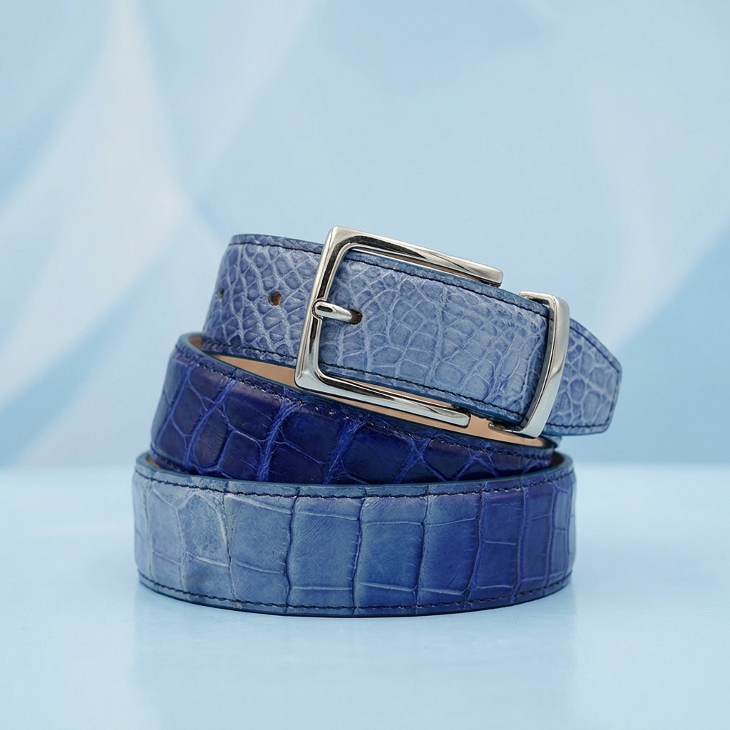 Mauri Alligator Multi Blue Belt showing textured alligator pattern and adjustable buckle on a neutral background.
