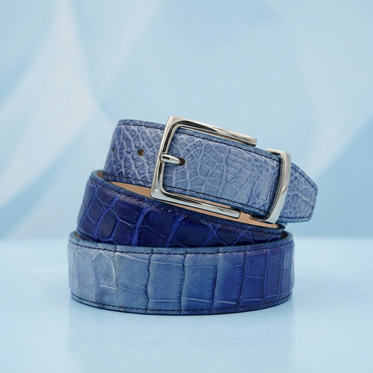 Mauri Alligator Multi Blue Belt showing textured alligator pattern and adjustable buckle on a neutral background.