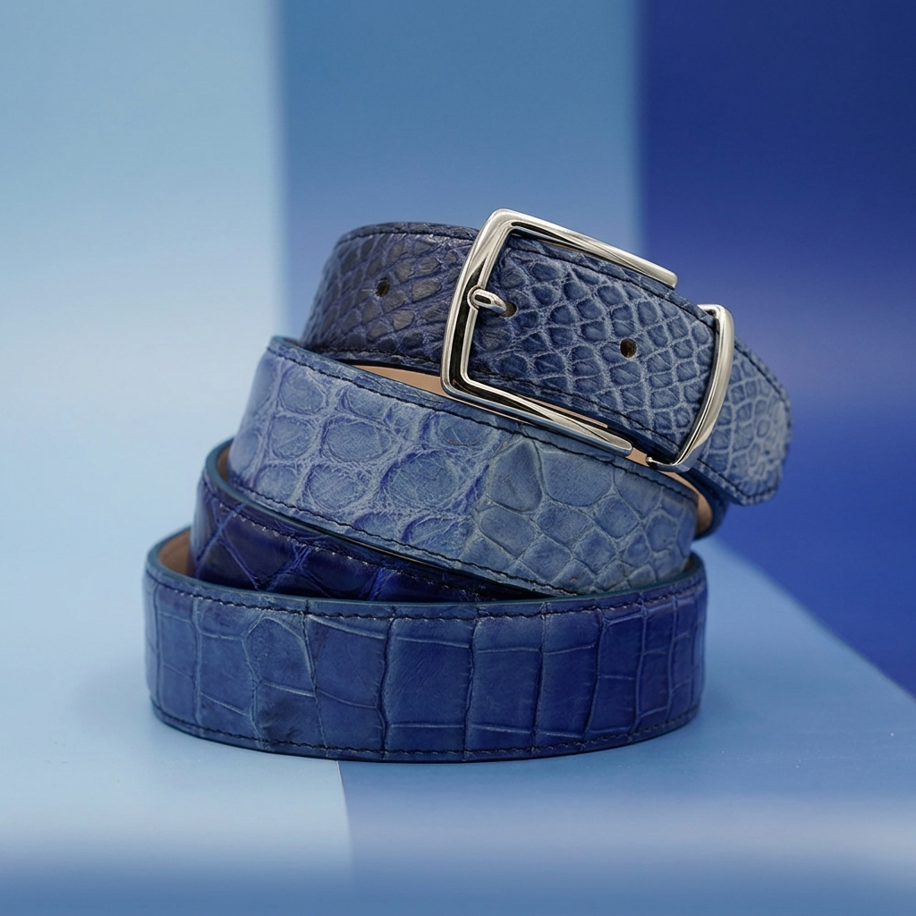 Mauri Alligator Multi Blue Belt showing textured alligator-style leather and silver buckle detail.
