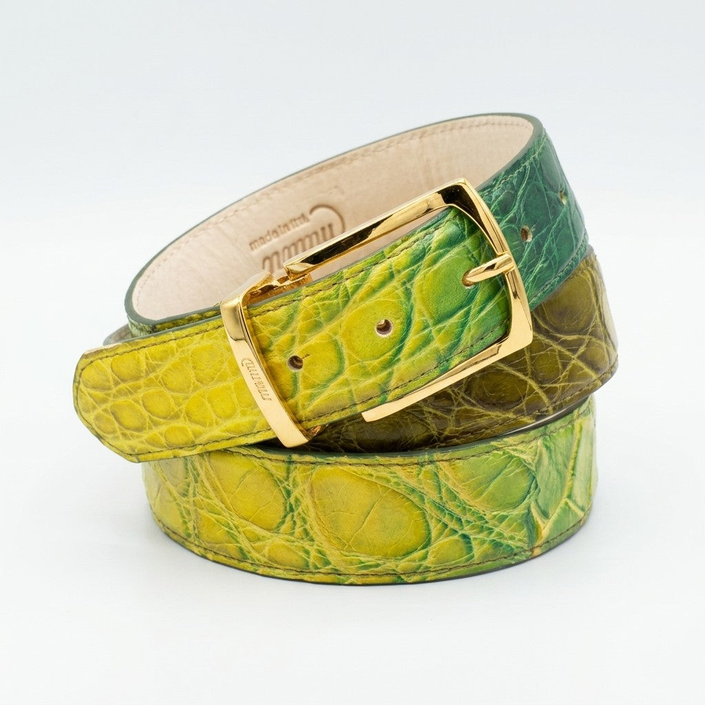 Mauri Alligator Multi Green Belt with textured alligator pattern, stylish accessory for men's fashion, featuring a silver buckle.