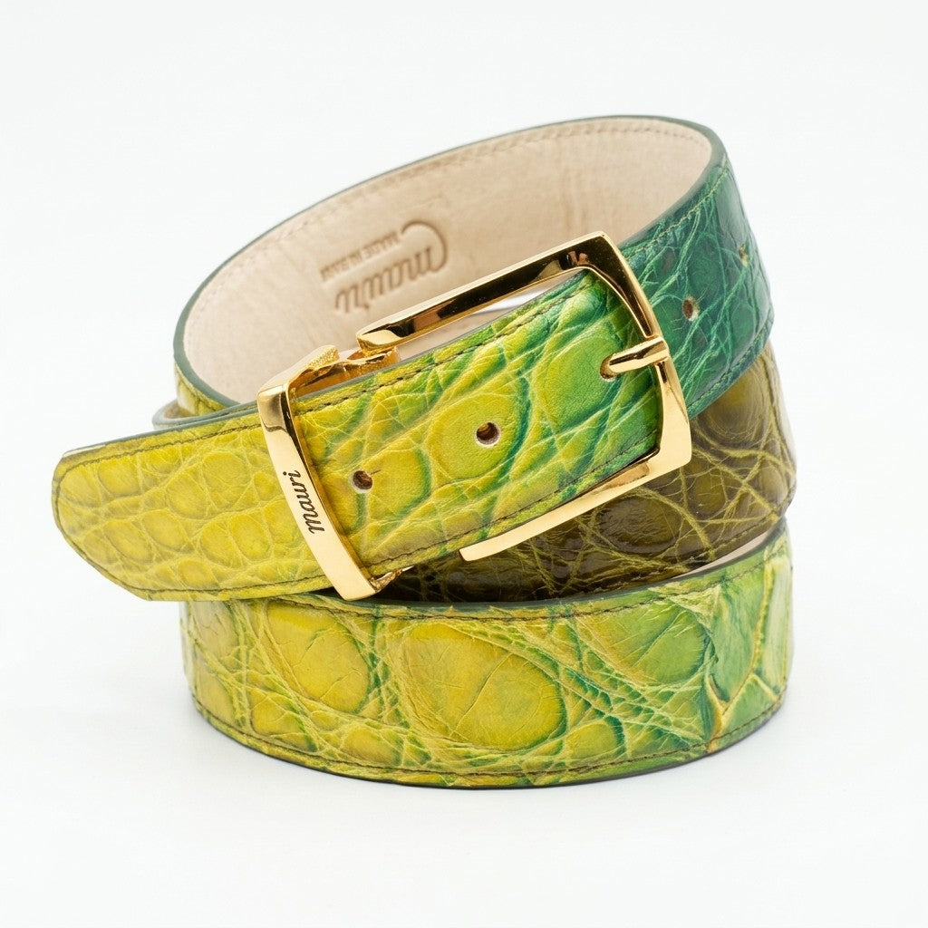 Mauri Alligator Multi Green Belt showing textured alligator pattern and multiple shades of green leather material.