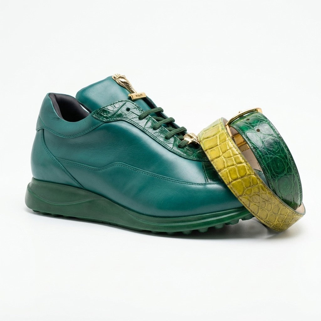 Mauri Alligator Multi Green Belt showing textured alligator pattern and multiple shades of green leather.