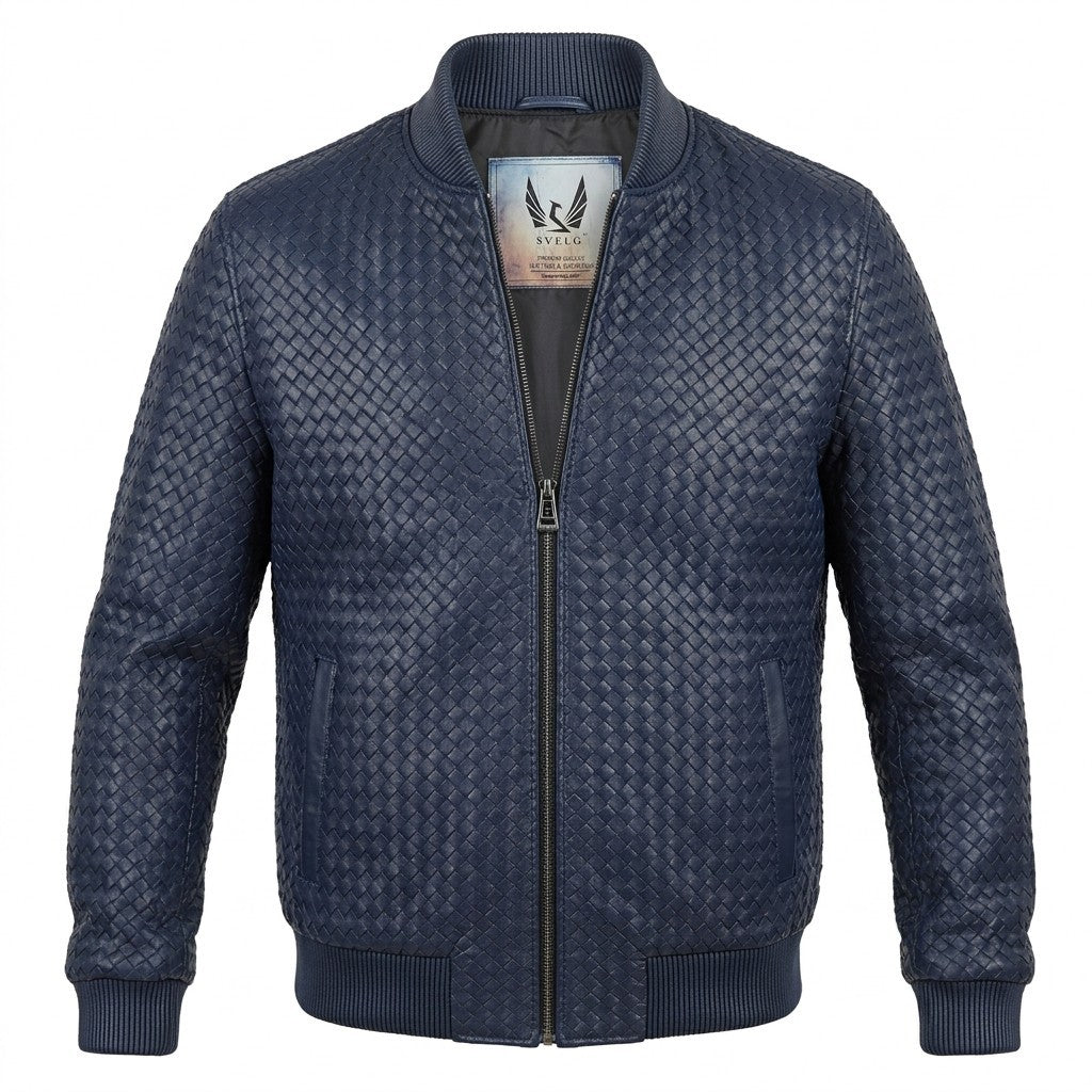 Men’s navy SVELG premium woven lambskin leather bomber jacket, stylish coat with smooth texture and classic fit.