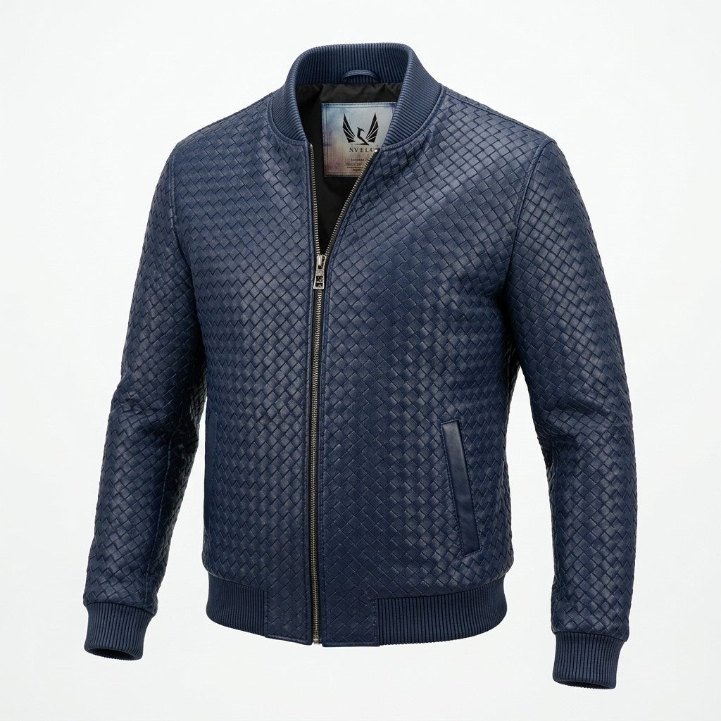 Men's navy SVELG premium woven leather bomber jacket made from 100% lambskin, featuring a stylish and durable coat design.