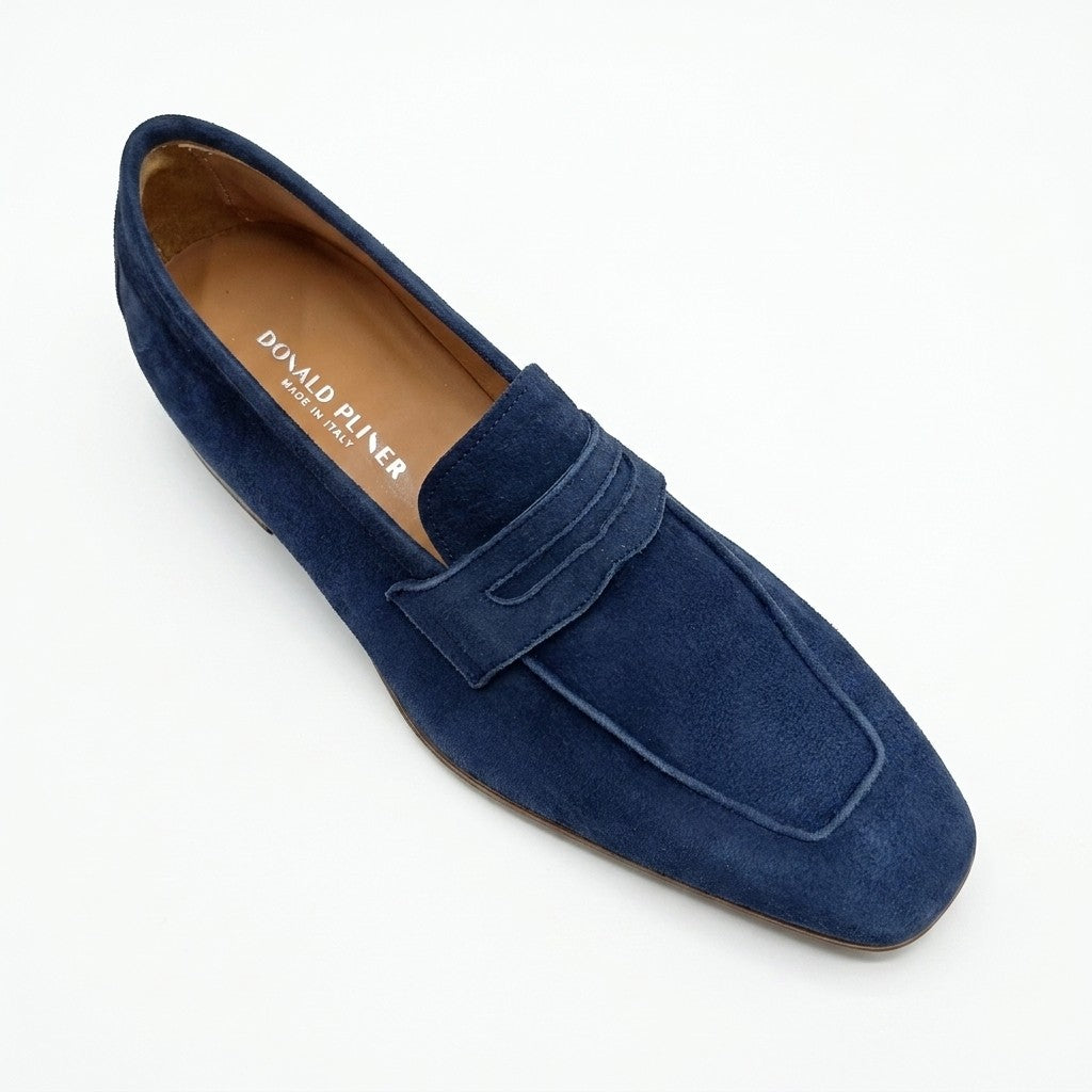 Donald Pliner Jayce navy blue suede penny loafers, stylish men's slip-on shoes with a classic design and smooth suede finish.