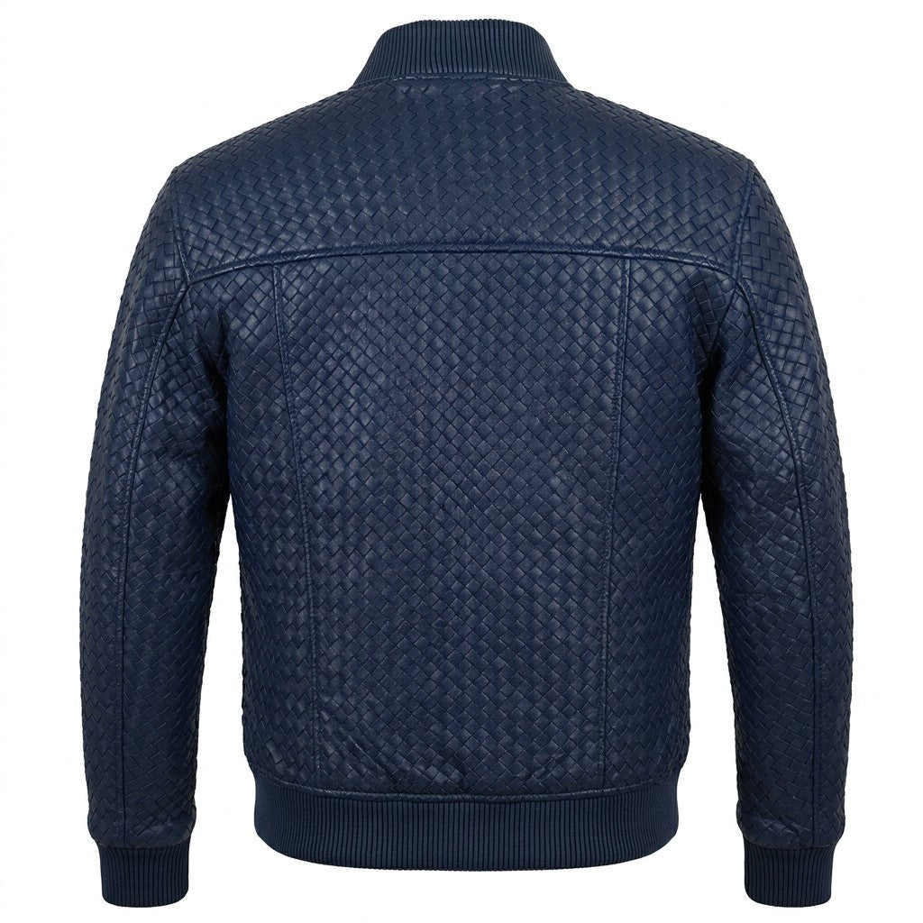 Men’s navy SVELG premium woven lambskin leather bomber jacket on a hanger, showcasing its smooth texture and stylish design.