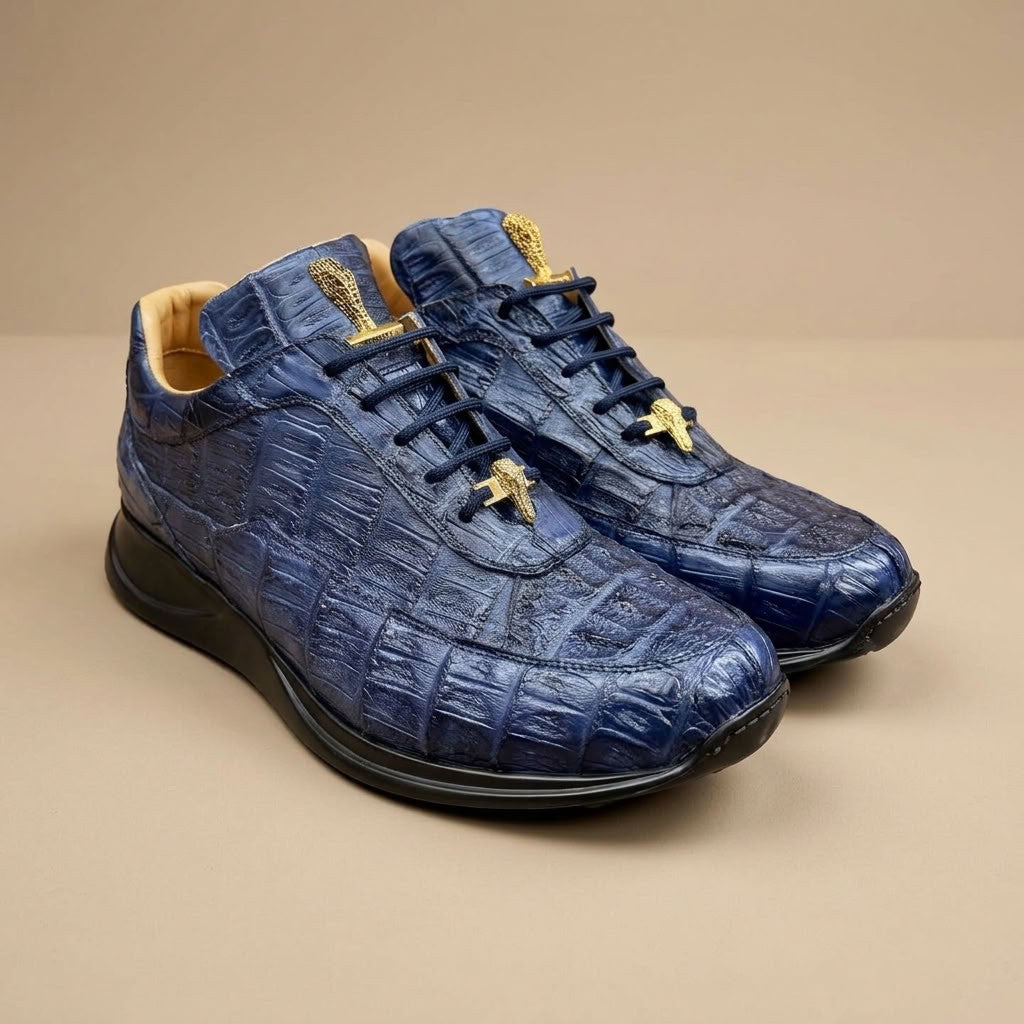 Mauri 8900 Caiman Fuscus sneakers in navy leather with textured caiman detailing and lace-up design