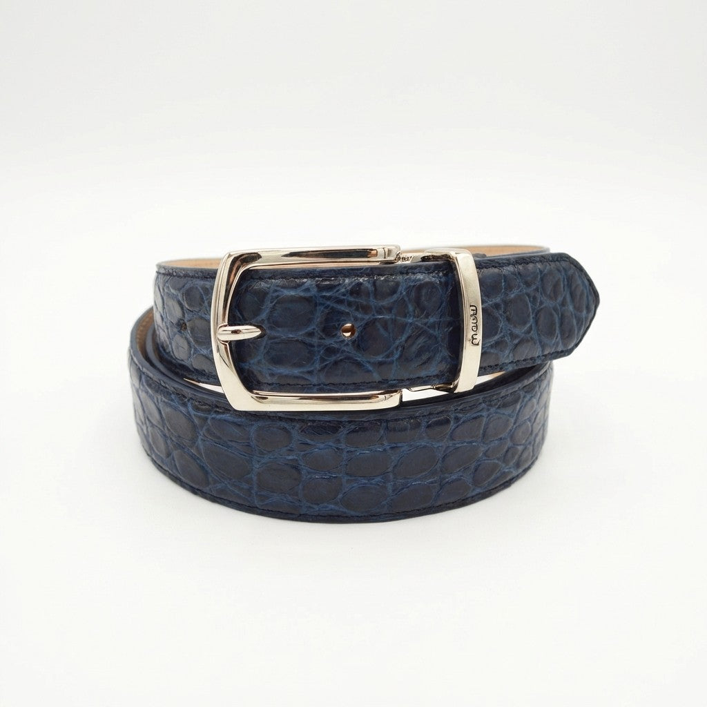 Navy Mauri Alligator Belt with textured alligator pattern and sleek buckle, stylish accessory for men.