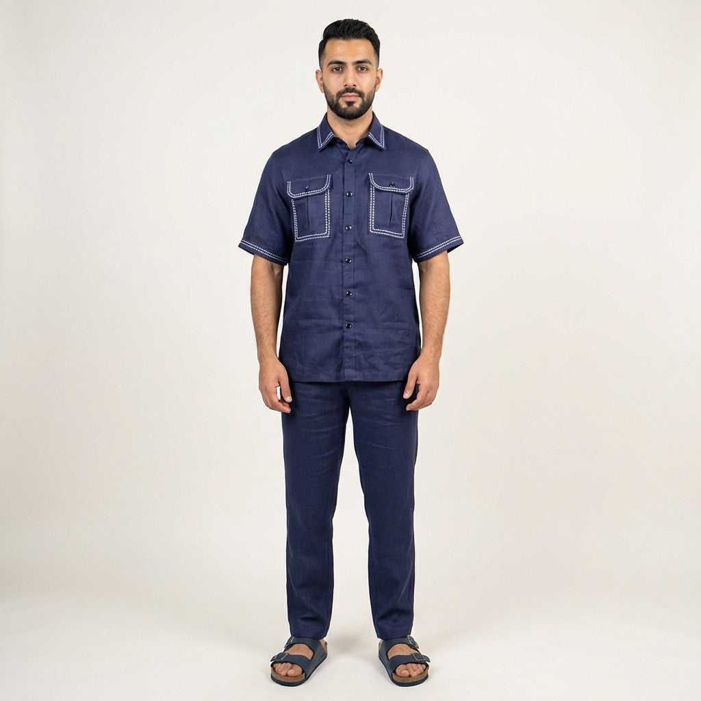 Navy Prestige Linen Set LUX-530 clothing, featuring a comfortable, stylish linen top and matching bottoms on a hanger.