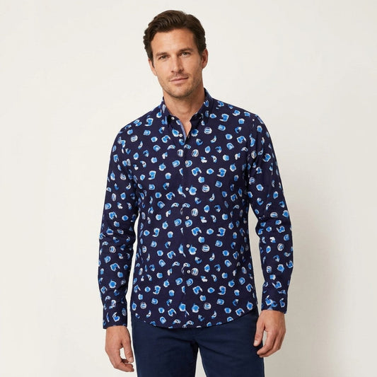 Navy blue Tarcisio button-up shirt with circle pattern, long sleeves, and a classic collar, made from lightweight fabric.