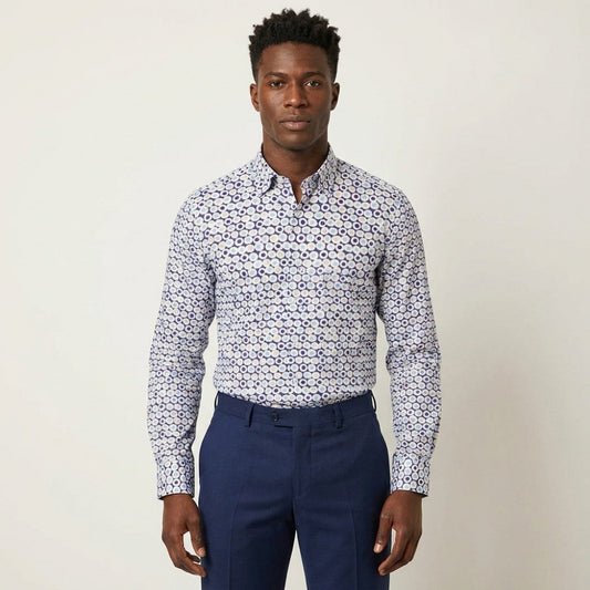 Navy blue and white Tarcisio button-up shirt with a circle pattern, casual style, long sleeves, and collar.