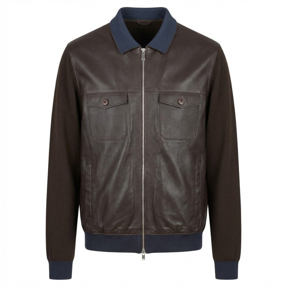 Navy and brown Torras L42E423A leather and knit jacket displayed on a hanger, showcasing its stylish mixed fabric design.