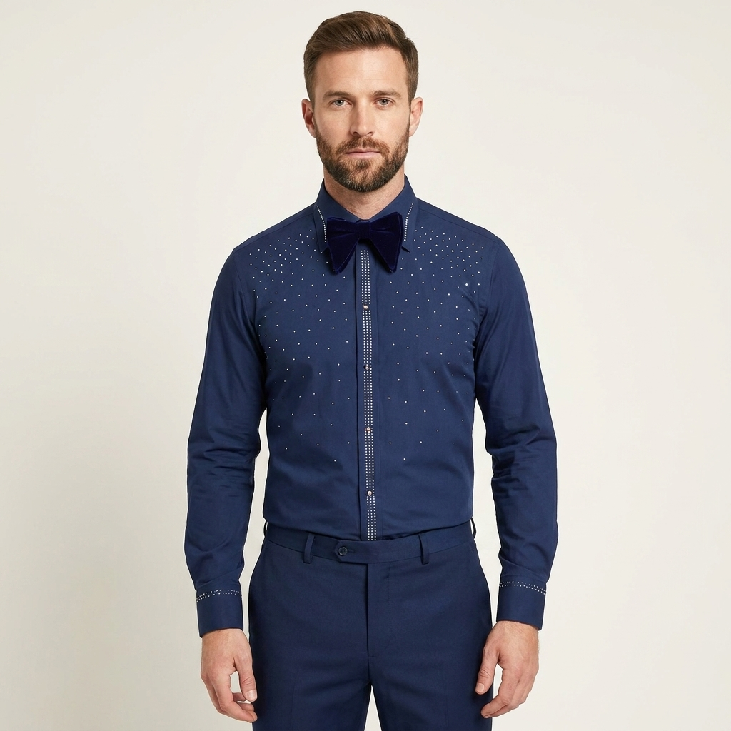 Navy Andrea Bossi studded dress shirt, men's shirt with button-up front and studded details, showcasing a stylish, fitted design.