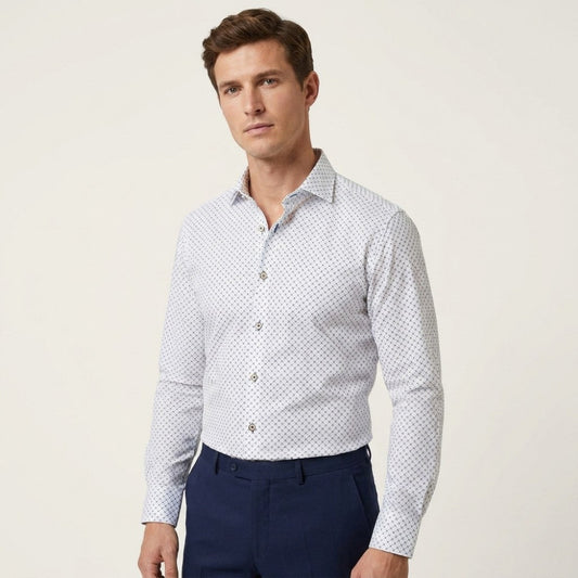 Marcello W-895R diamond-patterned shirt in white and beige, featuring a stylish design and collar, displayed on a navy background.