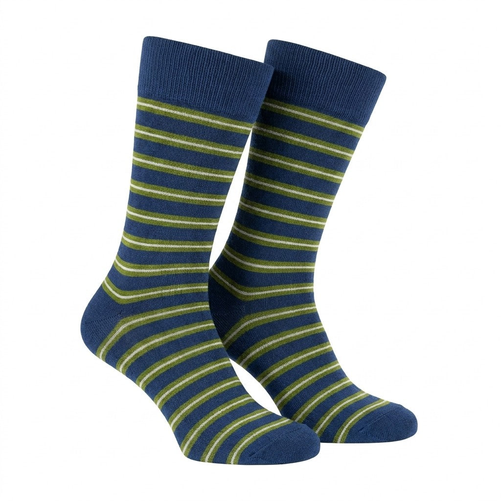 Navy, blue, and olive green striped men's crew socks by Cellini Uomo, made from soft cotton for comfortable wear.