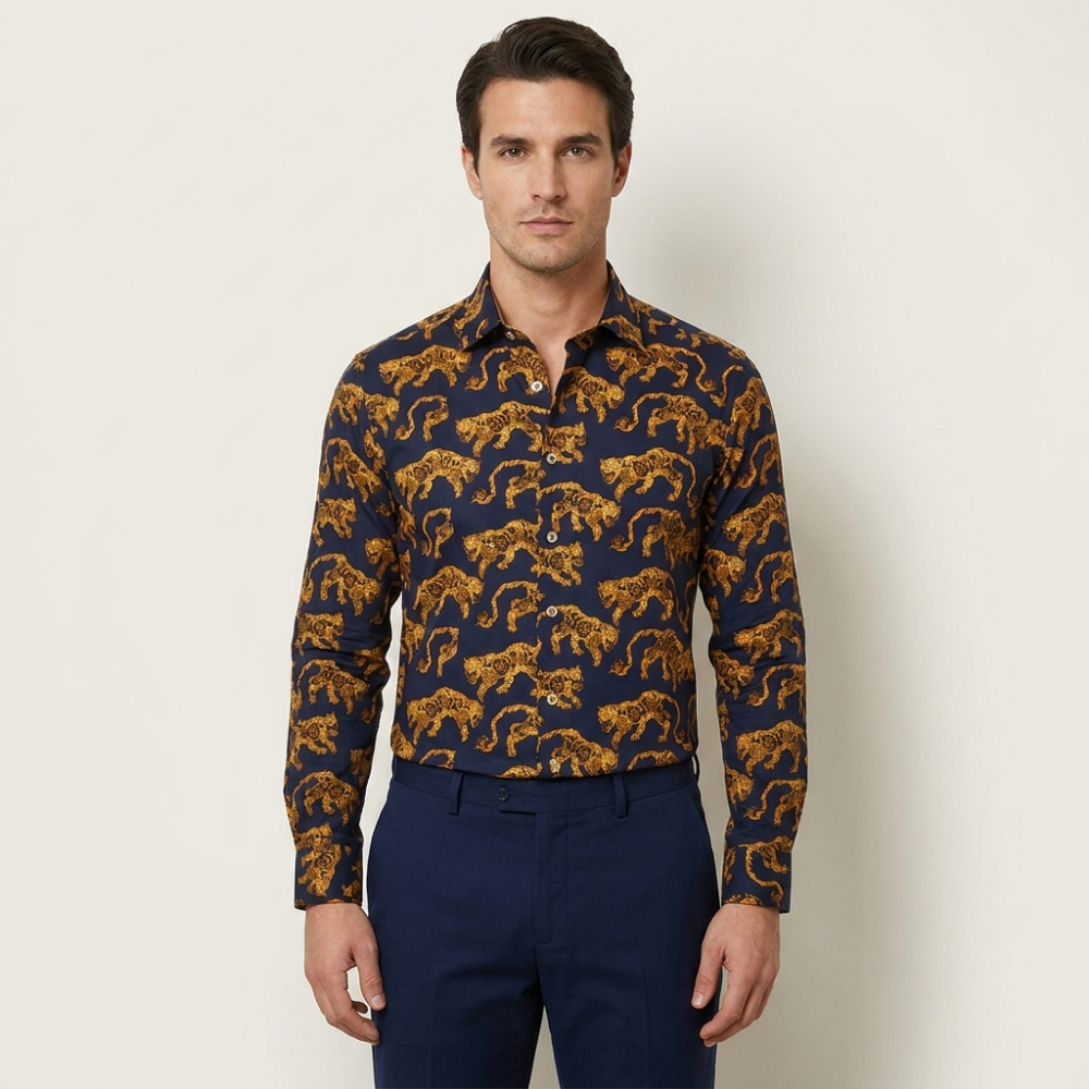 Philippe navy and gold button-up shirt showing a close-up of the navy fabric with gold accents and buttons.