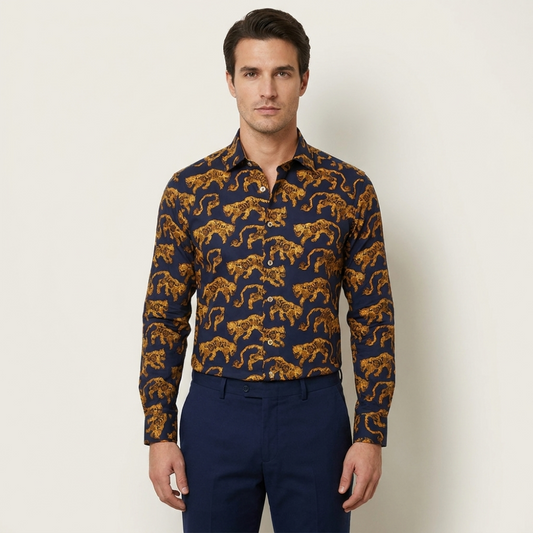 Philippe navy and gold button-up shirt showing a close-up of the navy fabric with gold accents and buttons.