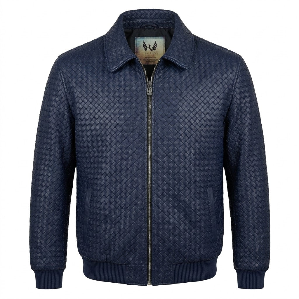 Men’s SVELG Premium Woven 100% Lambskin Leather Shirt Style Collar Bomber Jacket