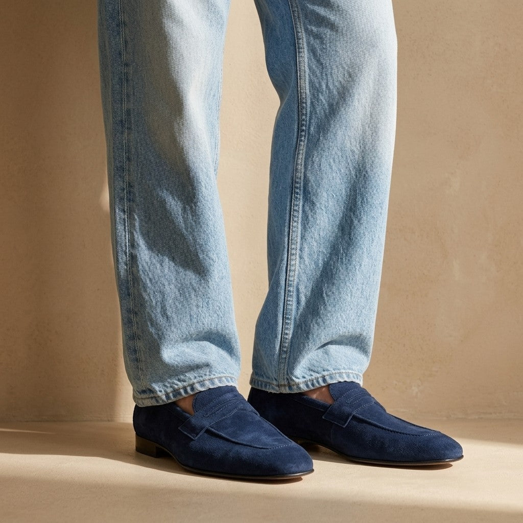 Donald Pliner Jayce navy blue suede penny loafers displayed on a clean surface, showcasing their classic slip-on design and smooth suede texture.