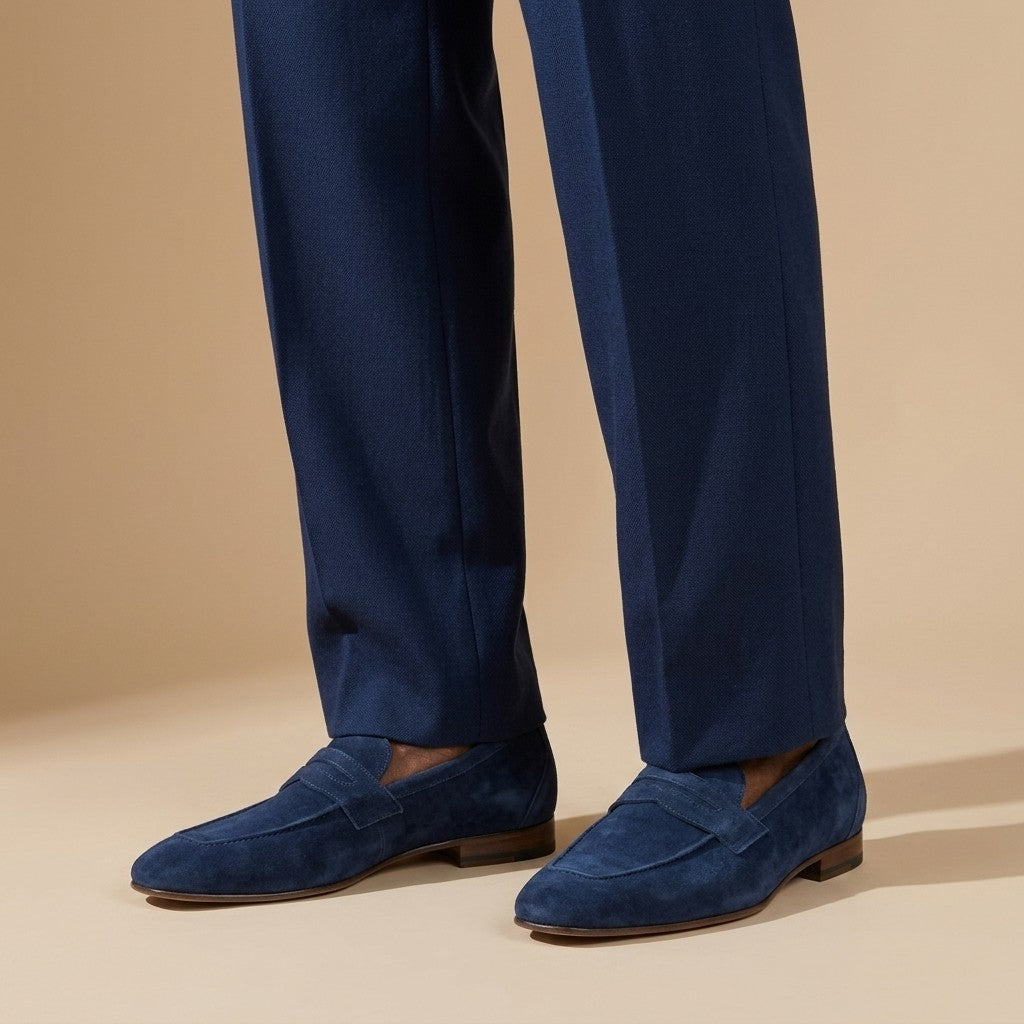 Donald Pliner Jayce navy blue suede penny loafers showing smooth suede texture and classic loafer design.