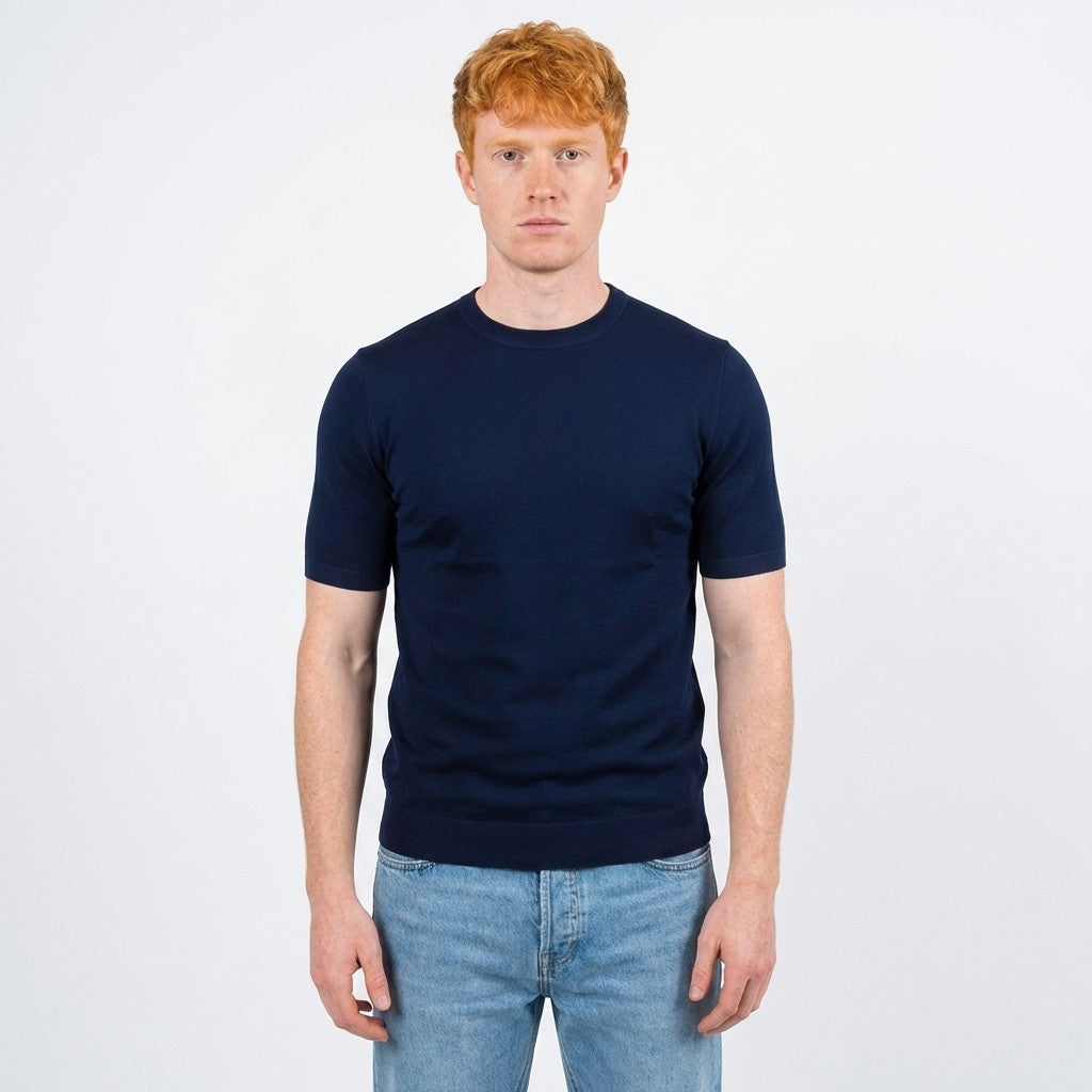 Navy Prestige Crew Neck Short Sleeve Shirt CMK-350, 650, displayed on a hanger with a close-up of fabric and collar details.