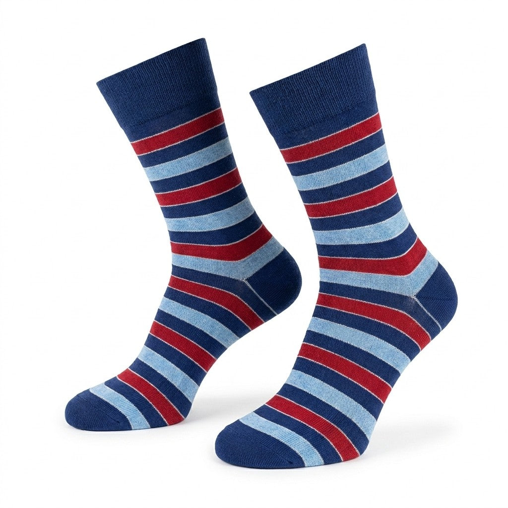 Navy and red striped men's crew socks by Cellini Uomo, made of soft cotton from Distretto73 Filoscozia collection.
