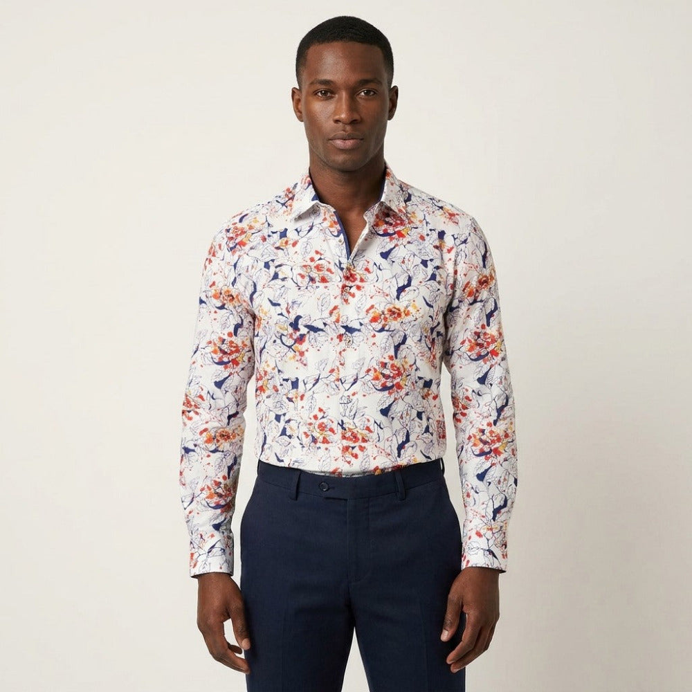 Philippe white floral paint button-up shirt with navy and white pattern, casual men's shirt, long sleeves, stylish design