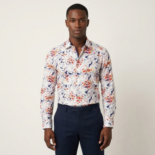 Philippe white floral paint button-up shirt with navy and white pattern, casual men's shirt, long sleeves, stylish design