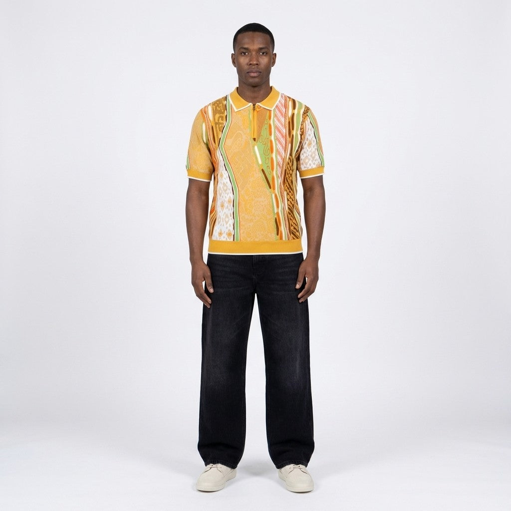 Off-white Prestige polo neck half zip short sleeve shirt displayed on a mannequin, showcasing its stylish collar and fit.
