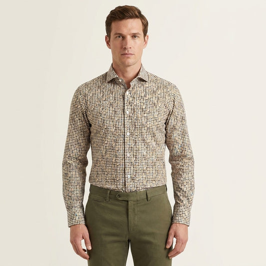 Olive green Andrea Bossi 100% cotton button-up shirt from the 2017 collection, displayed on a hanger.