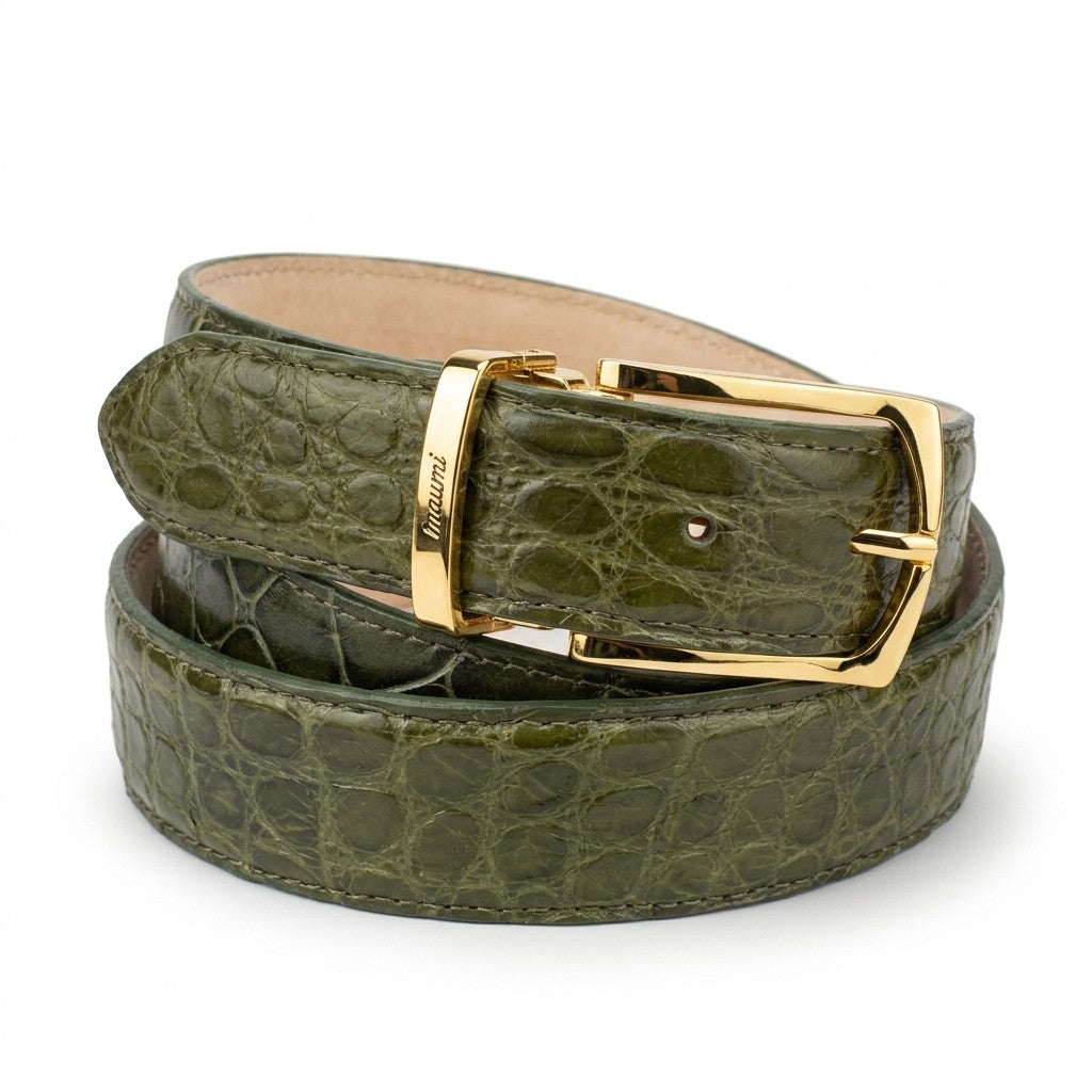 Olive green Mauri alligator leather belt with a polished buckle, showcasing textured reptile pattern and stylish design.