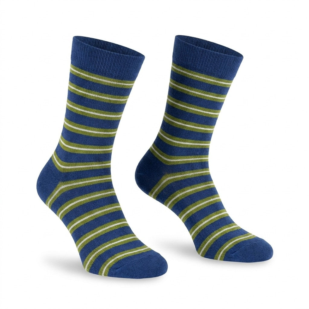 Cellini Uomo Distretto73 men's Filoscozia cotton striped crew socks in olive green and navy, featuring a classic ribbed design.