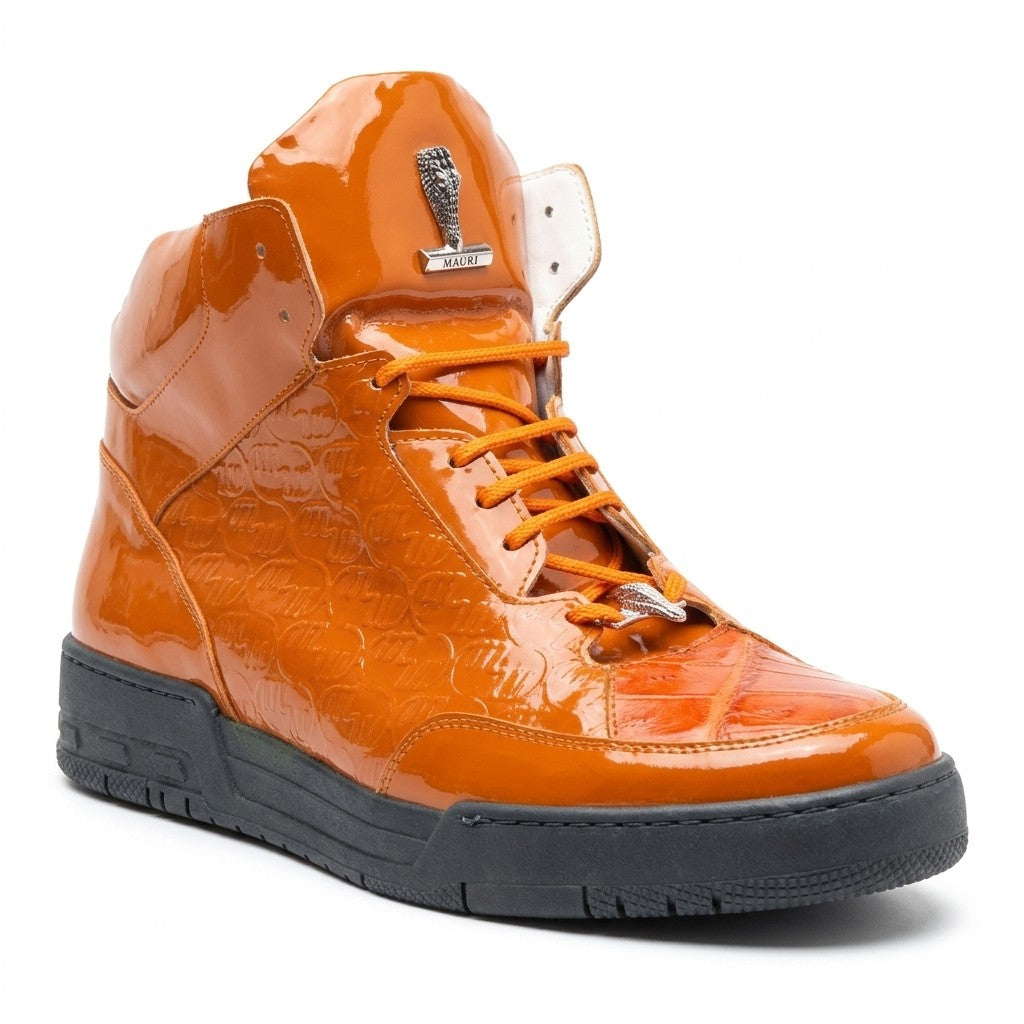 Orange Mauri 8429 patent leather and crocodile high-top sneakers with textured and glossy finishes, stylish and modern footwear.