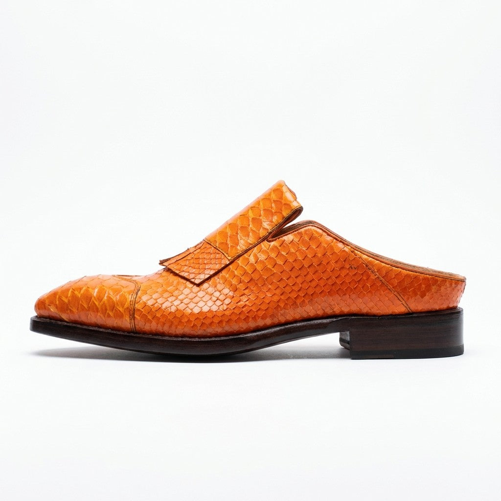 Sheriff Collection orange Python half sandals with open toe and strap design, stylish and comfortable for warm weather.