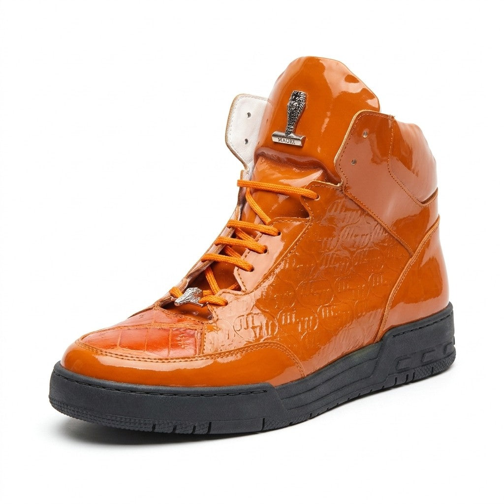 Orange Mauri 8429 patent leather and crocodile high-top sneakers with stylish design and textured details.