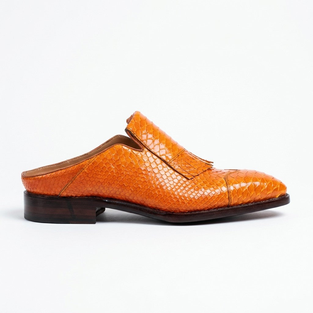 Sheriff Collection orange python half sandals with open toe and strap design, featuring textured python pattern and casual style.