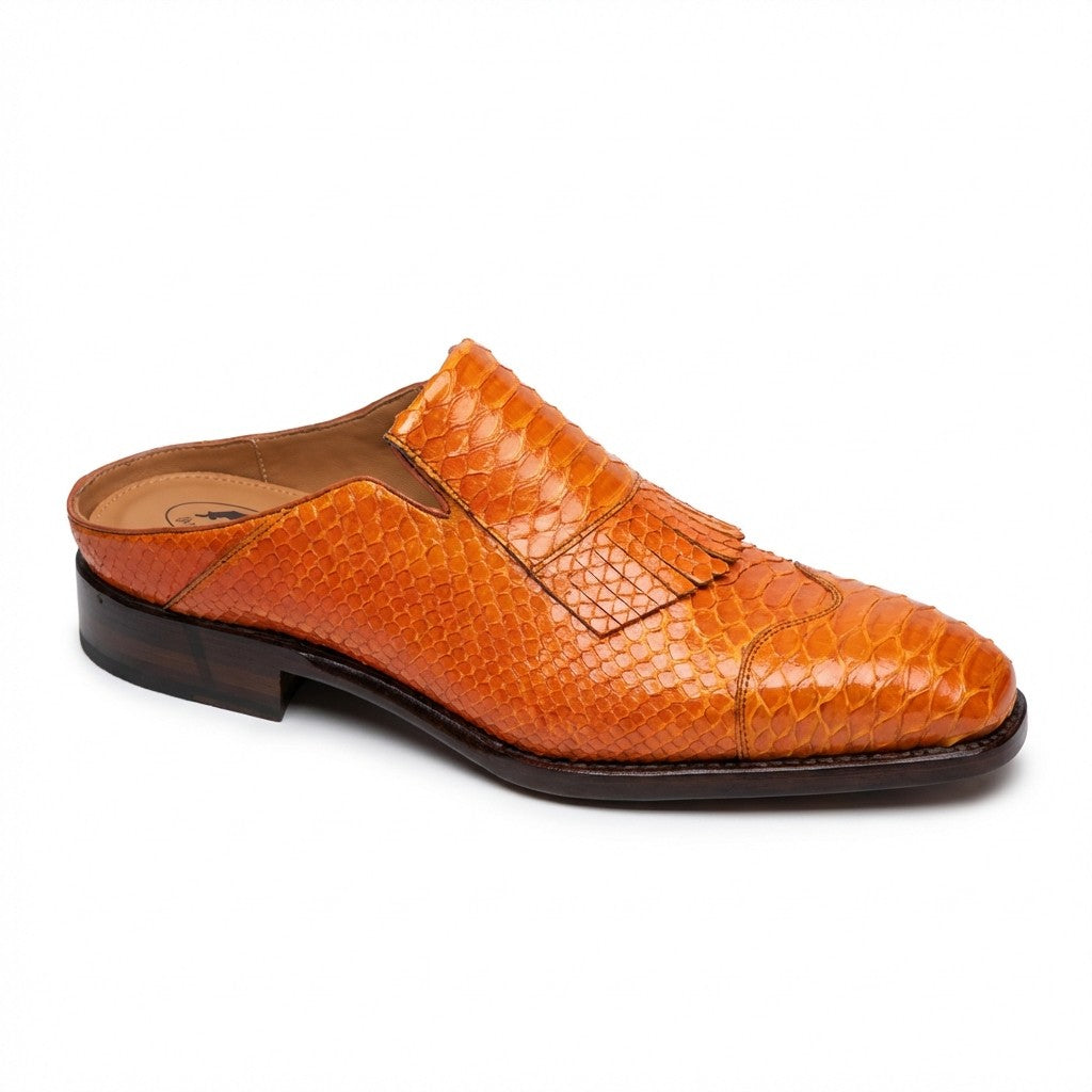 Orange Python Sheriff Collection sandal with open toe and strap details, featuring a stylish half-shoe design.
