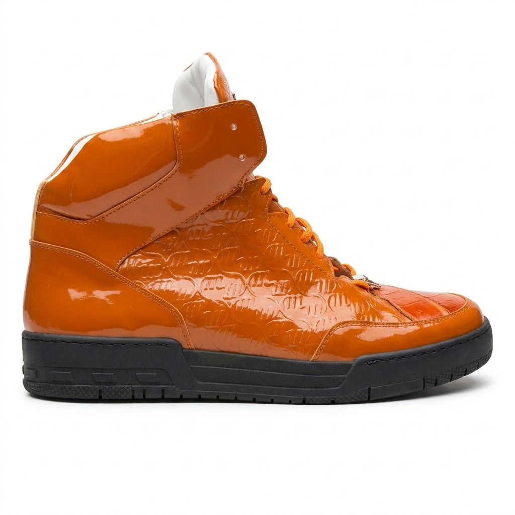 Mauri 8429 orange patent leather and crocodile high-top sneakers with white soles and laces, stylish and modern footwear.